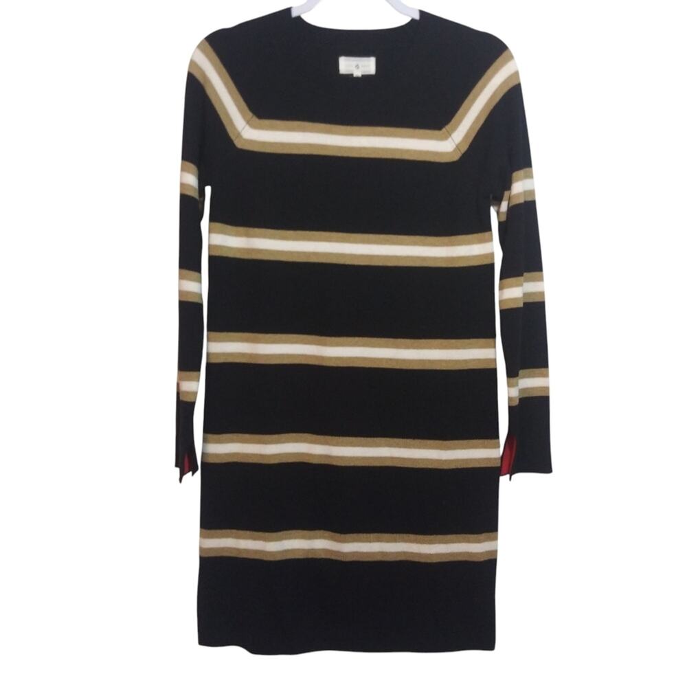 Lou & Grey Knit Striped Black and Gold Sweater Dress Bold Cuff Size XS